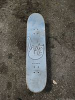 Top view of the skateboard deck showing cat graphic with middle fingers up and Ripndip branding.
