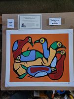 Photo of Norval Morrisseau limited edition print of loons with certificate of authenticity and price tag