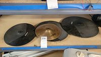 Overview photo of all cymbals and pads showing Zildjian ZXT cymbal, Alesis 14" cymbal pads, and Alesis DMPad 12" hi-hat cymbal