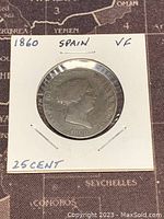 Front side of the 1860 Spain 25 Centimos coin showing profile of Queen Isabella II with date 1860 and inscriptions.