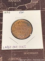 Reverse side of the 1896 large one cent Canadian coin showing 'ONE CENT 1896' with a wreath