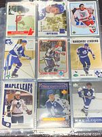 Front side of nine Darryl Sittler Toronto Maple Leafs hockey trading cards showing various poses and series.