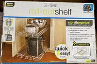 Box showing product image and features of 2-tier metal roll-out shelf
