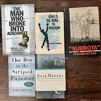 Photo of five books arranged on a wooden surface: The Man Who Broke Into Auschwitz, Long Is The Road to Freedom, 'Subbota' My Twenty Years in Soviet Prisons, The Boy in the Striped Pajamas, and Night by Elie Wiesel.