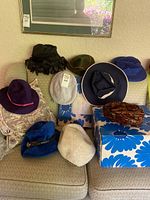 Nine assorted vintage hats arranged on a couch with a floral hat box beneath some hats.