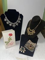 Lot display showing two necklaces on black velvet busts and two brooches with card backing on a black stand, plus a box with a floral design.