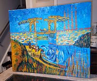 Photo of original oil painting showing river scene with dock, horses, figures, and boats in bright colors, framed and mounted.