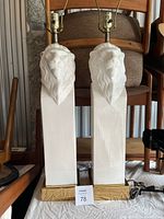 Front view of both lamps on wooden chair with seller tag