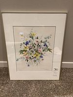 Framed watercolor floral art by Valerie Pfeiffer, full front view showing bouquet of mixed flowers and flower bunch arrangement.