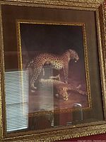 Frontal view of the framed print showing two leopards, the print detail and ornate gold frame