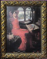 Full front view of framed canvas artwork featuring a seated woman in red