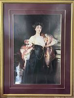 Full view of framed portrait painting showing Lady Helen Vincent in formal attire with pink satin shawl.