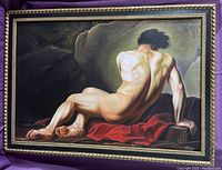 Full view of the framed oil painting showing the nude male figure seated with a red cloth and rocky background