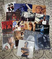 Top-down photo of all 17 vinyl records arranged on carpet floor showing album cover art and titles.