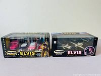 Front view of two boxed Matchbox Elvis Presley collectible sets: one with four cars and one with a private jet and smaller planes.