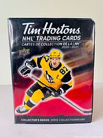 Photo of Tim Hortons NHL Trading Cards box 2020-2021 featuring player Sidney Crosby in Penguins uniform.
