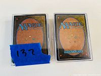 Top view of two stacks of Magic: The Gathering cards showing standard card back design inside plastic protective boxes.