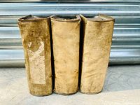 Front view of three vellum-bound volumes showing aged covers and spine label remnants
