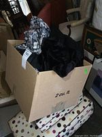 Three coats and jackets piled loosely in a cardboard box, showing black fur and patterned fabric.