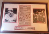 Framed wall art with Babe Ruth photograph, transfer document stamp, and team celebration image