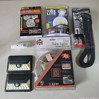 Various LED lights and lighting accessories including packaged tube lights, LED push lights, motion sensor solar lights, and a flexible snake light.