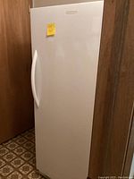 Exterior front view of white Frigidaire upright freezer with vertical handle and logo visible.
