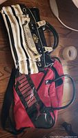 Photo of two bags lying flat on wood floor: a black and white striped Mickey Mouse purse with gold buckle details and a red Puma handbag.