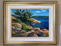 Framed oil painting of a rocky shoreline landscape with trees and water, vivid colors, signed in bottom right corner.