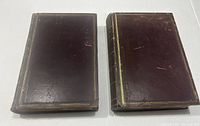 Full view of the front covers of both volumes showing dark brown leather with gilt-edged rectangular borders.