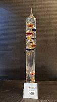 Full view of sealed glass cylinder Galileo thermometer standing upright showing colorful floats suspended inside clear glass tube.