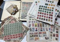 Overview of binder, loose stamps and sheets on table