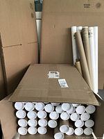 Photo showing stacked cardboard shipping boxes and rows of white-capped mailing tubes inside boxes.