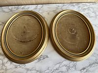 Top view of both oval gold-tone display frames showing suede backing with some wear.