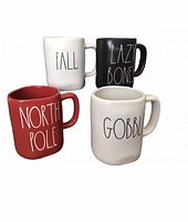 Photo showing all four mugs with inscriptions 'Fall', 'Lazy Bones', 'Gobble', and 'North Pole'