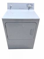 Front view of the white GE dryer showing the front door and control panel with knobs.