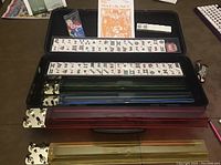 Set of Mah Jongg tiles arranged in four racks inside an open hard case showing tiles and scoring sticks.