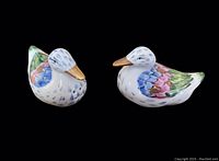 Pair of Vista Alegre duck-shaped salt and pepper shakers, colorful hand painted details shown from multiple angles