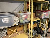 Shelving with multiple plastic bins; one contains assorted Christmas ornaments, another labeled 'Empty Photo Albums' containing albums.