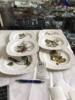 Set of six Birds of America plates laid out on table showing front bird illustrations and embossed rims. Pen placed beside for scale.