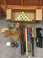 Seven baseball gloves of various colors and conditions with seven baseball bats laid out in front, including wooden and colored aluminum bats, alongside three hockey pucks and a pair of black boxing mitts.