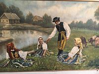 Close-up image of the oil painting showing the three women in folk dress seated near a river with the man and cattle in the background.