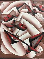 Close-up view of original painting showing three abstract female figures with brown skin tones and white highlighting, signed Casimir.