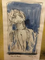 Framed ink and watercolor sketch of a stylized female figure with blue background.