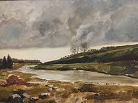 Close-up of oil painting featuring river landscape with cloudy sky and rocky shore.