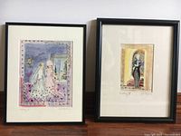 Two framed acrylic gel collage artworks by Deborah L. Stephan displayed side by side against a wall.