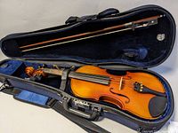 Violin and bow inside open hard case showing full instrument and bow resting securely.