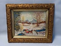 Full view of winter sleigh painting in ornate gold frame, showing snowy winter landscape with horse and sleigh, signed Faulds.
