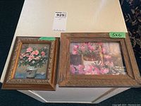 Both framed floral paintings shown together on table with size labels (5x4 and 5x6 inches)