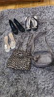 Overview of four pairs of women's shoes and two handbags displayed on a gray rug.
