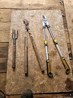 Top-down photo of four garden tools laid out on plywood: hand fork, pruning shears, garden hoe, and telescoping lopper